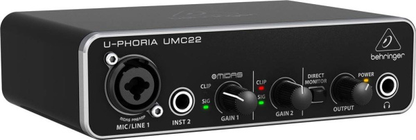 BEHRINGER UMC22 - аудиоинтерфейс USB,2входа, 2 выхода, микр. предусилитель MIDAS