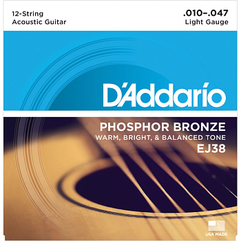 D'ADDARIO EJ38 - струны для 12-струнной гитары, с обмоткой из фосфорной бронзы