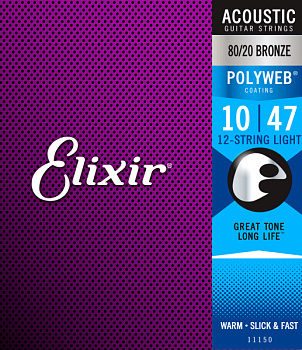 Elixir 11150 POLYWEB - Комплект струн для 12-струнной акустической гитары, Light, бронза 80/20, 10-4